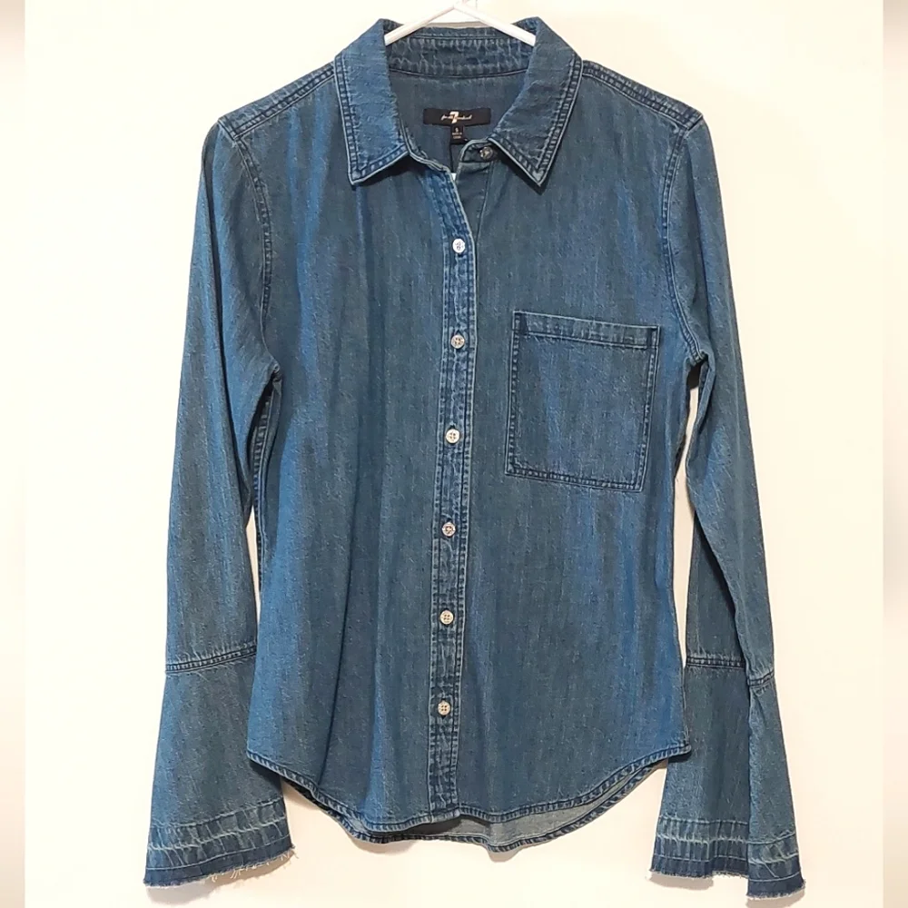 7 For All Man Kind Women's Flared Sleeve Button-Down Denim Shirt NWT Size S - Picture 4 of 12